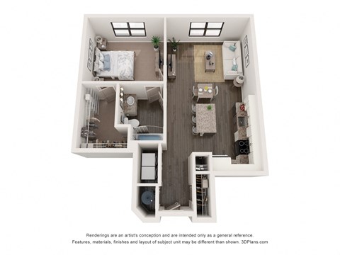 Stylized 3D floor plan of 1-bed 724 sq ft at the augustan in augusta, georgia